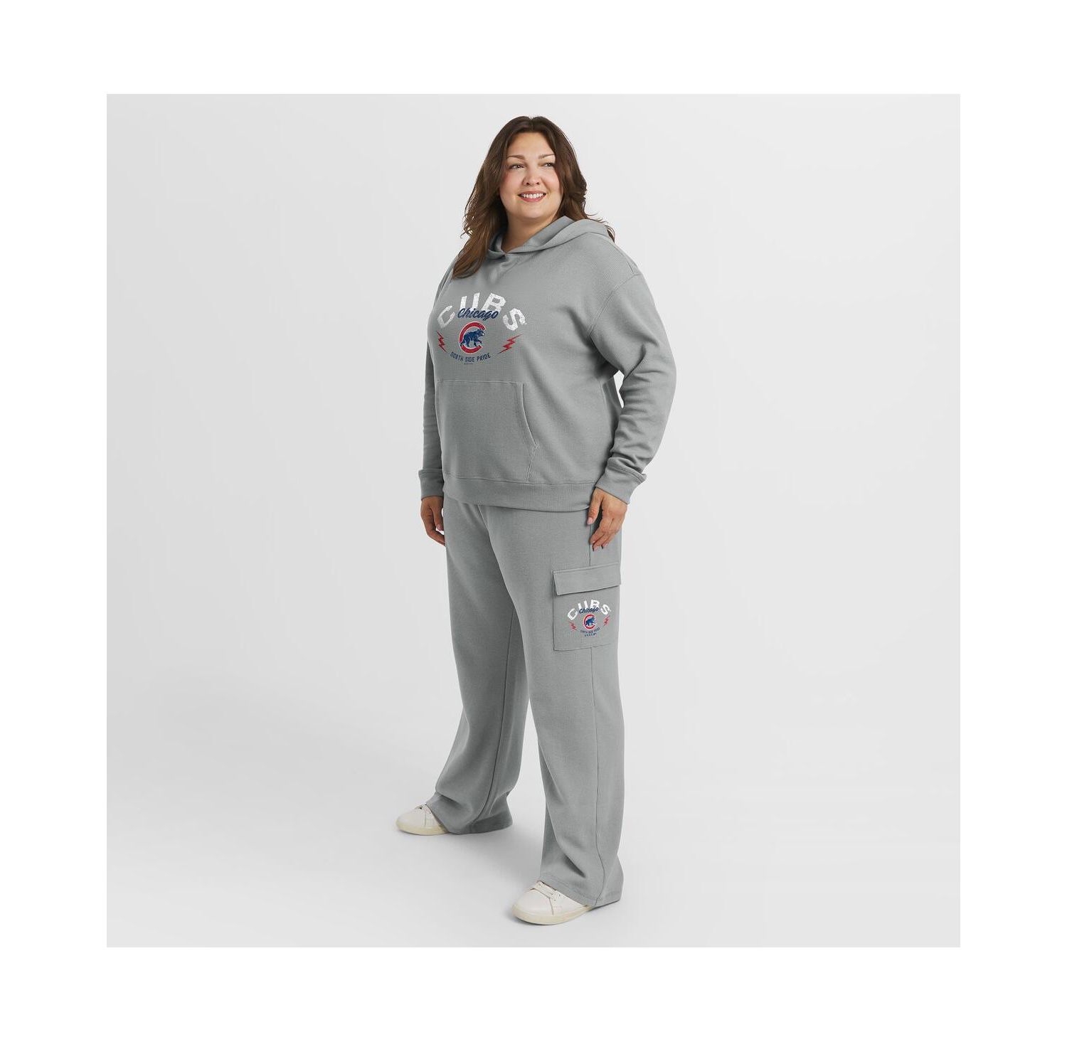 Women's Gray Chicago Cubs Plus Size Waffle-Knit Long-Sleeve Hoodie & Lounge Pant Set