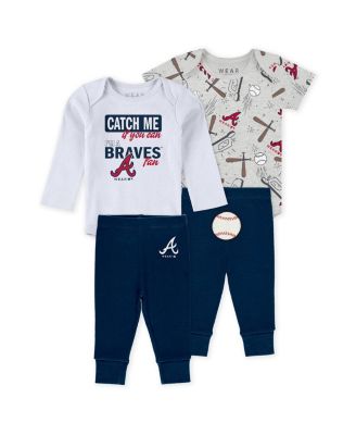 Baby Boys and Girls 3-Piece Heather Gray/White/Navy Atlanta Braves Turn Me Around Bodysuits and Pants Set