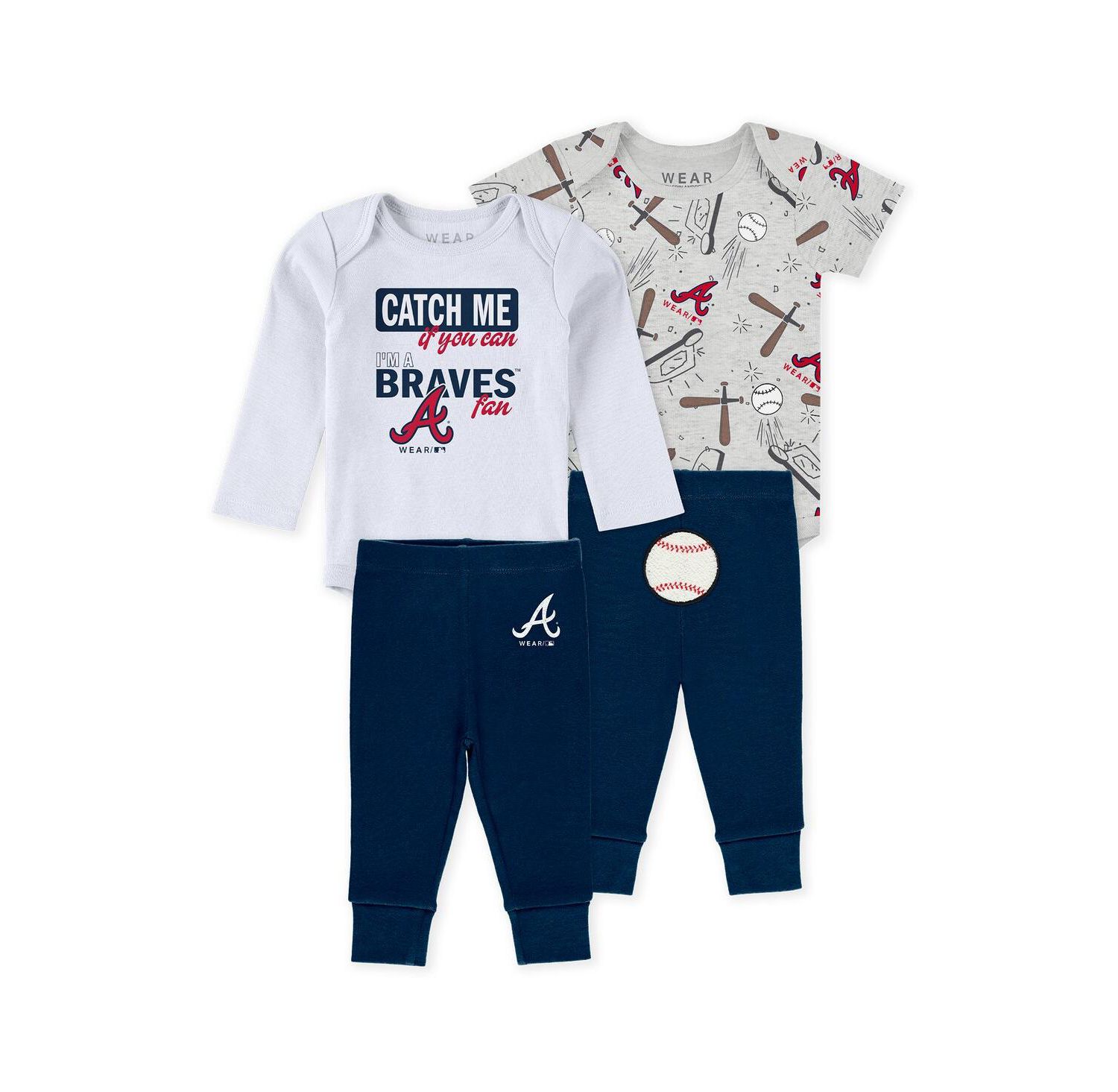Baby Boys and Girls 3-Piece Heather Gray/White/Navy Atlanta Braves Turn Me Around Bodysuits and Pants Set