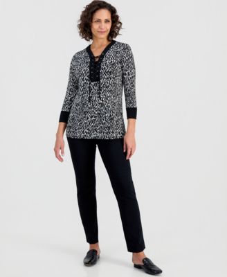 Women's Lace-Up 3/4-Sleeve Printed Top, Created for Macy's