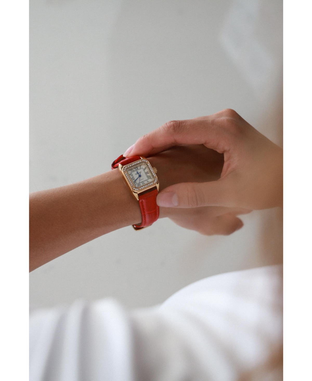 Peugeot Women's 34x24mm Tank Watch with Crystal Bezel Red Leather Strap