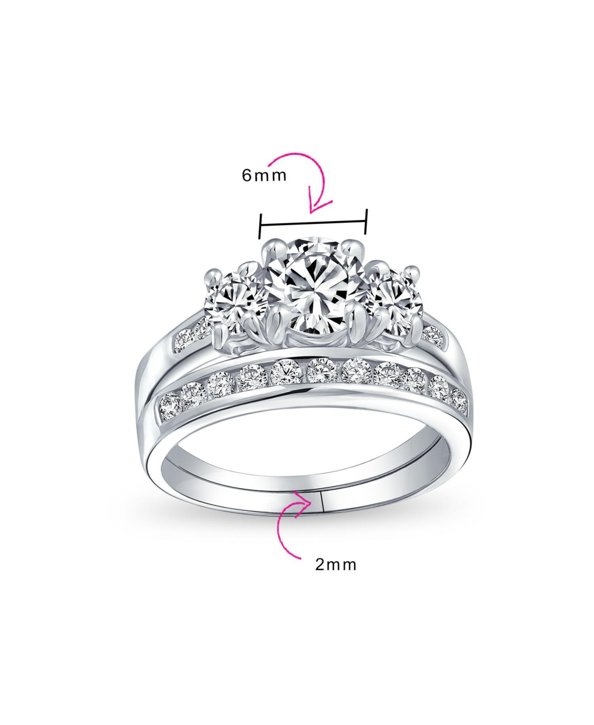 Bling Jewelry Classic 3CT Round 3 Stone Cz Past Present Future Promise Ring Set Band Sterling Silver