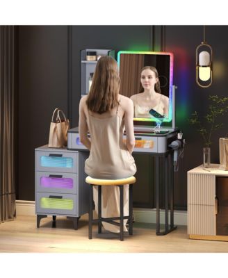 RGB Vanity Set with Glass Top, USB & Wireless Charging, 5 Drawers