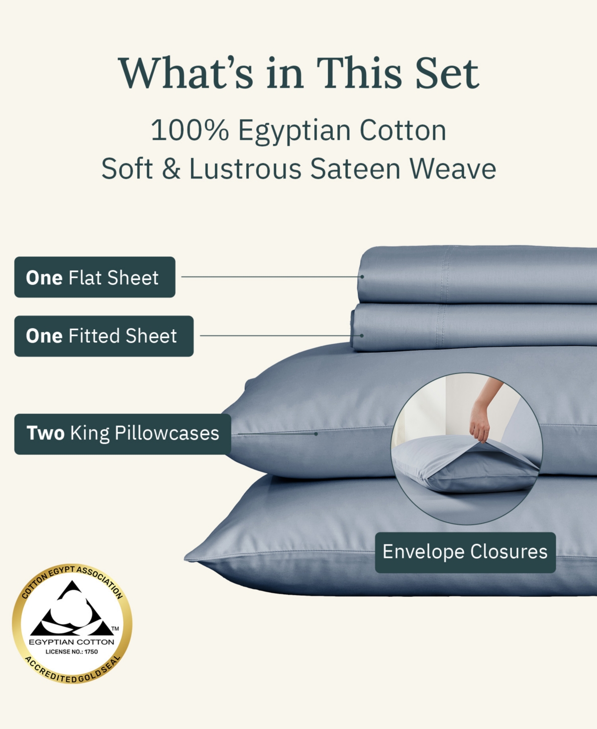 Certified Luxury 100% Egyptian Cotton Sheets, California King Sheet Set, 4 Piece Deep Pocket Bed Sheets Sateen Cooling for Hot Sleepers by