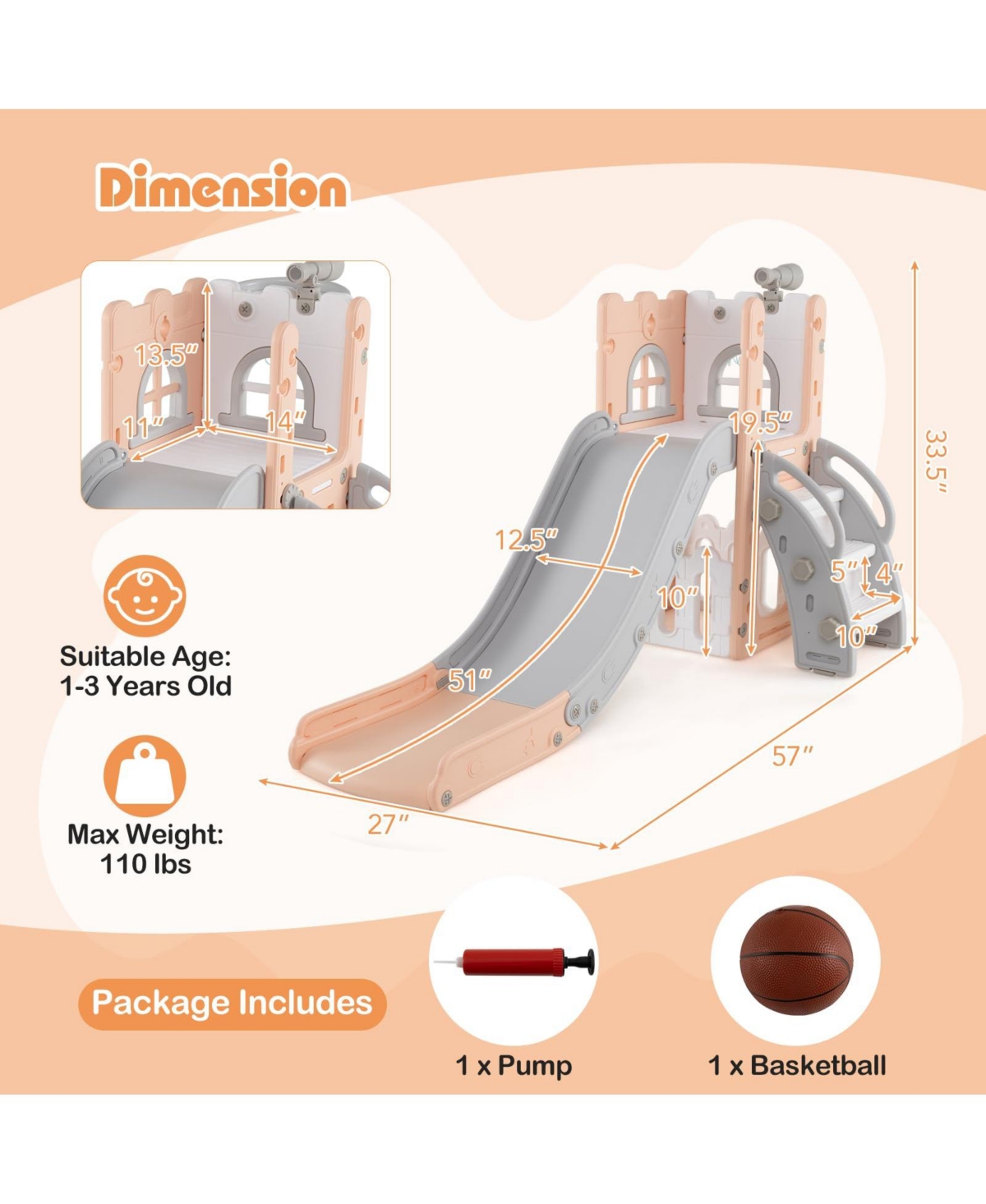 Mecale 6-in-1 Toddler Slide L-shaped Playground with Basketball Hoop and Ladder