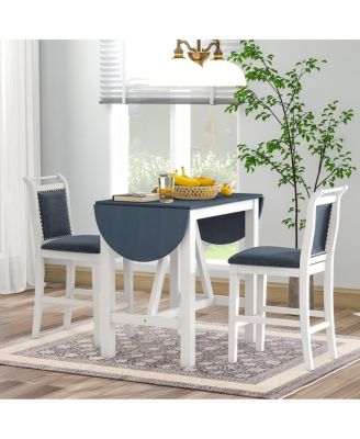 3-Piece Drop Leaf Counter Height Dining Set for Small Spaces, White and Navy Kitchen Table with 2 Upholstered Bar Chairs