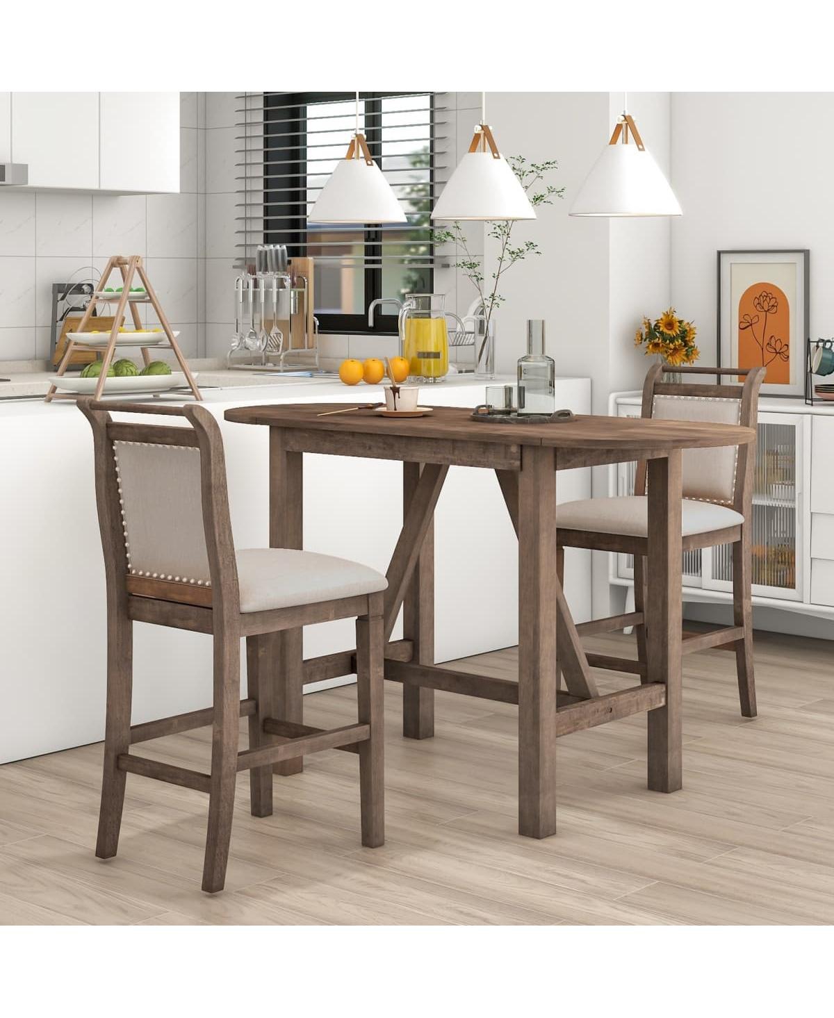 Maison Boucle 3-Piece Drop Leaf Counter Height Dining Set for Small Spaces, White and Navy Kitchen Table with 2 Upholstered Bar Chairs