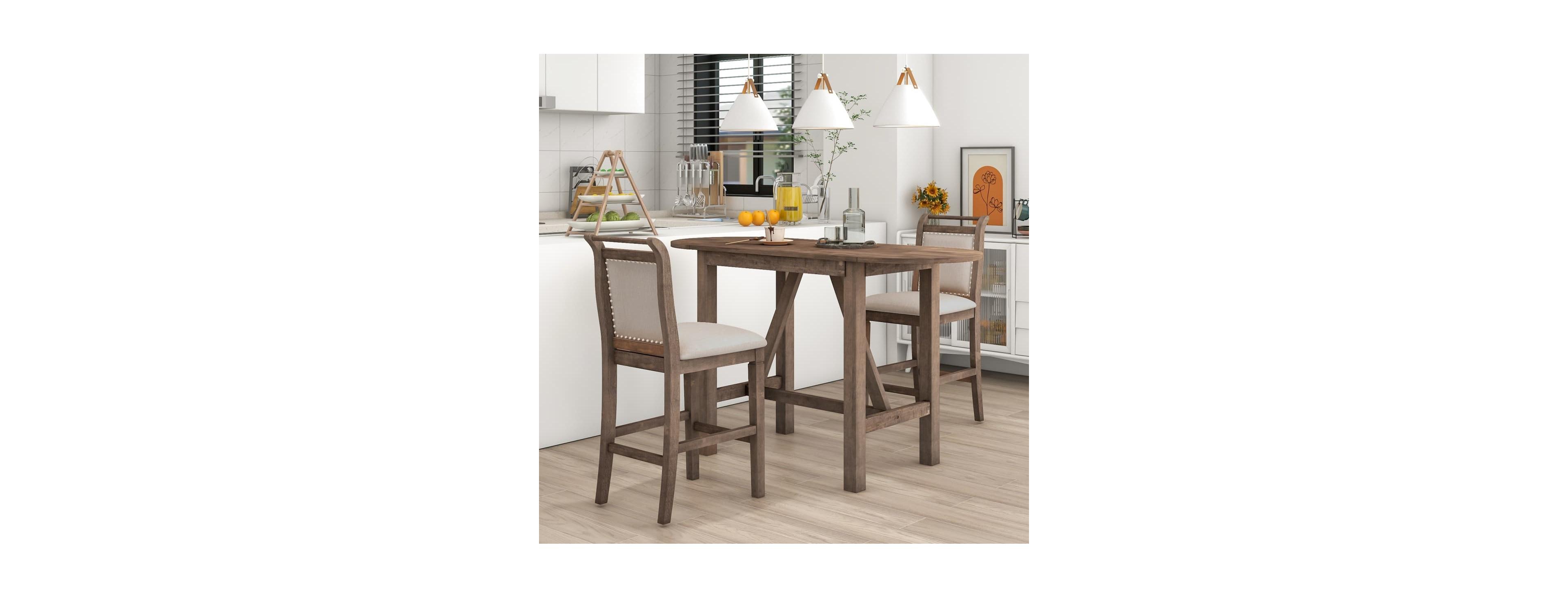 Maison Boucle 3-Piece Drop Leaf Counter Height Dining Set for Small Spaces, White and Navy Kitchen Table with 2 Upholstered Bar Chairs