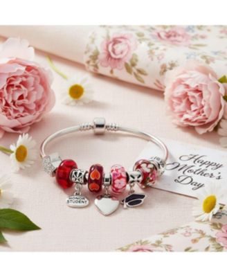 Graduation Cap Charm Bracelet with Crystal Beads and Sterling Silver Clasp