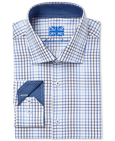 Michelsons of London Men's Slim-Fit Navy Grid-Print Dress Shirt