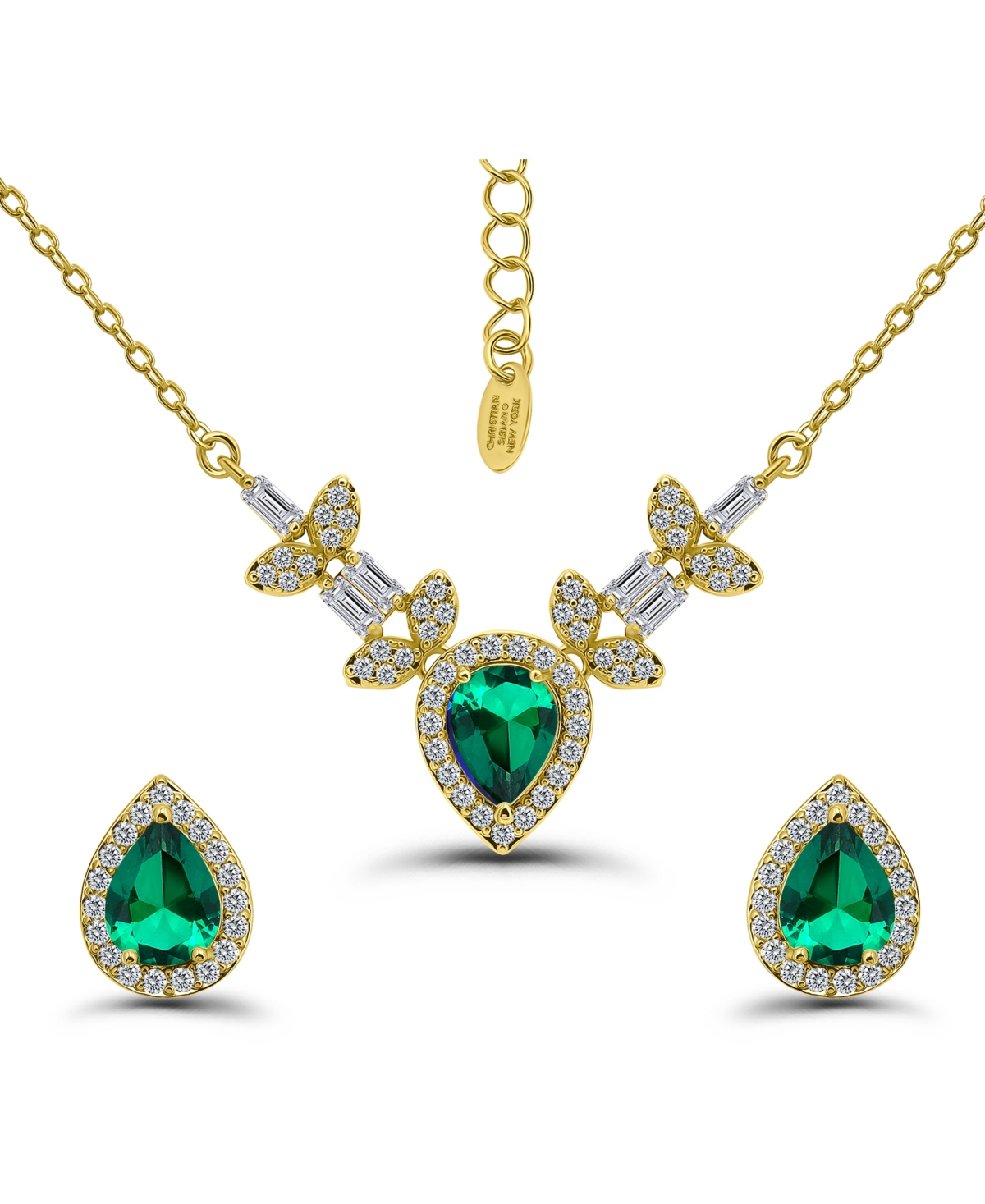 Christian Siriano New York Gold Plated Baguette Cubic Zirconia Frontal Necklace And Earrings Set In Green