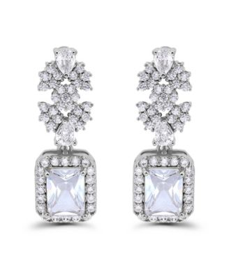 Fine Silver Plated Cubic Zirconia Floral Motif Post Drop Earrings