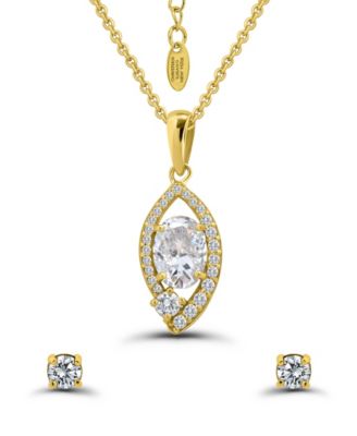 Gold Plated Cubic Zirconia Halo Pendant Necklace and Earrings Set