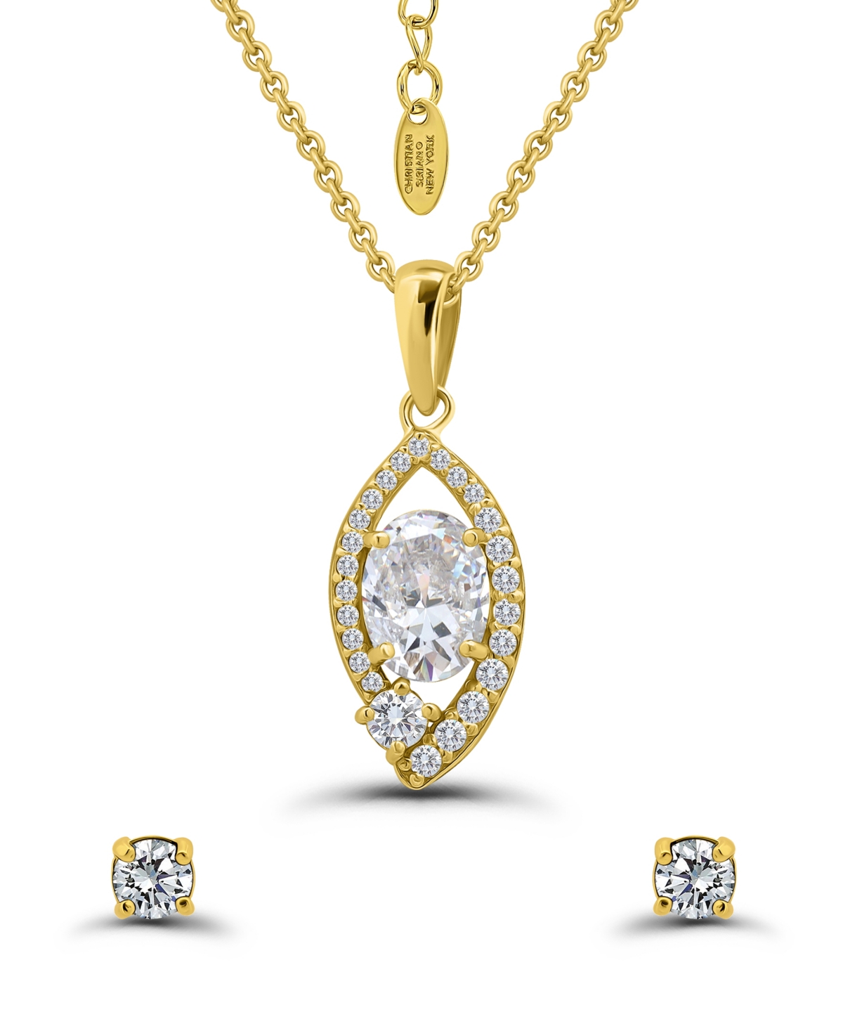 Christian Siriano New York Gold Plated Cubic Zirconia Halo Pendant Necklace And Earrings Set In Gold