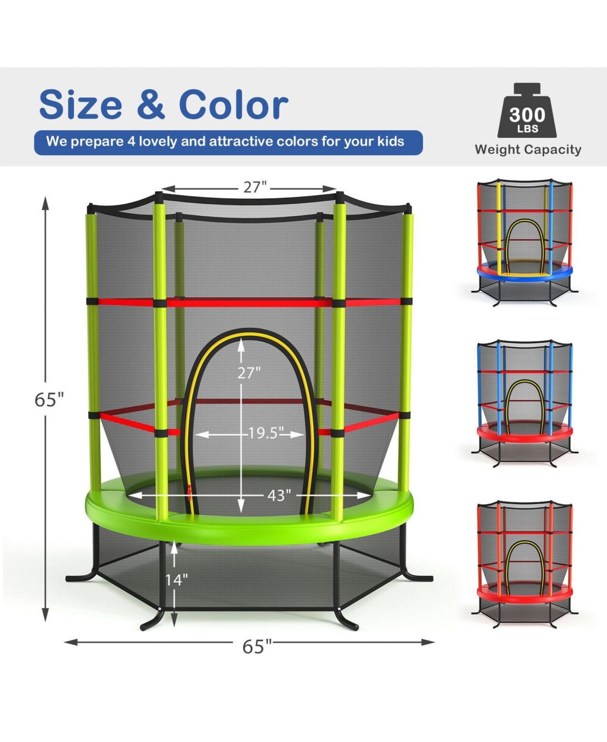 Sugift 55 Inch Kids Recreational Trampoline Bouncing Jumping Mat with Enclosure Net-Green
