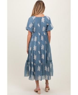 Maternity Blue Floral Print Ruffle Hem Midi Dress