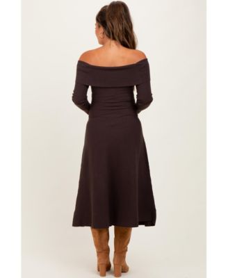 Maternity Brown Off Shoulder Sweater Midi Dress