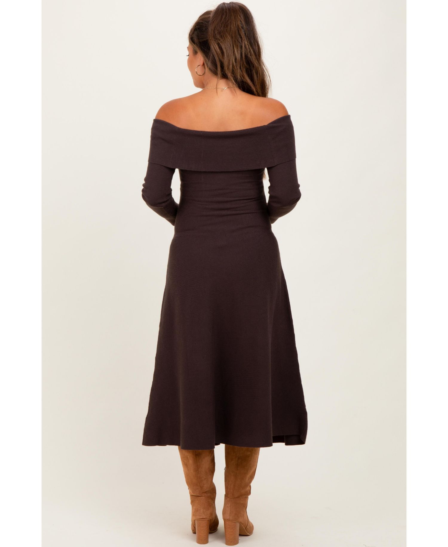 Women's Brown Off Shoulder Sweater Midi Dress