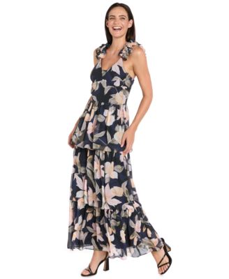Women's Long Tiered Ruffled Shoulder Maxi Dress