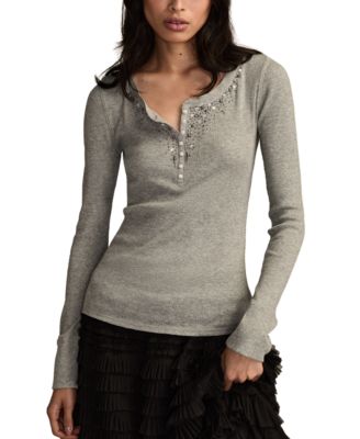 Women's Embellished Long-Sleeve Henley Top