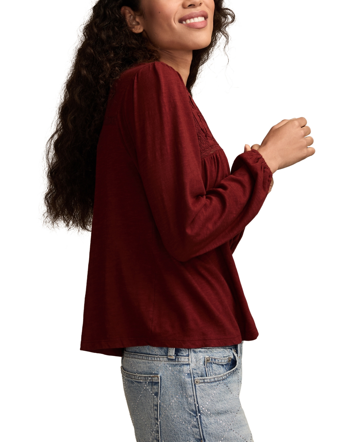 Lucky Brand Women's Lace Yoke Peasant V-neck Top In Brown