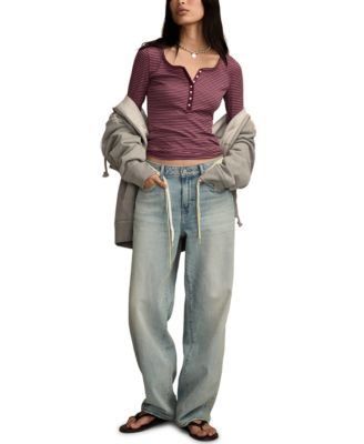 Women's Crew Neck Long-Sleeve Rib Henley Top