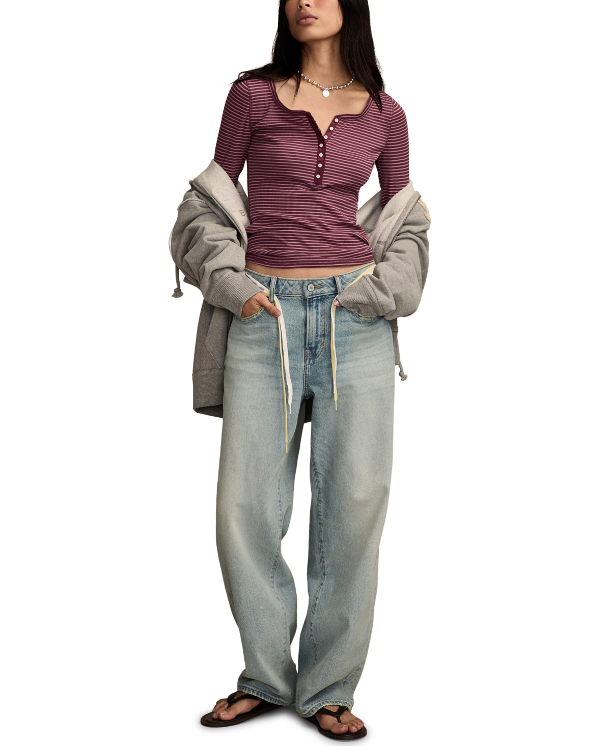 Lucky Brand Women's Crewneck Long-sleeve Rib Henley Top In Brown