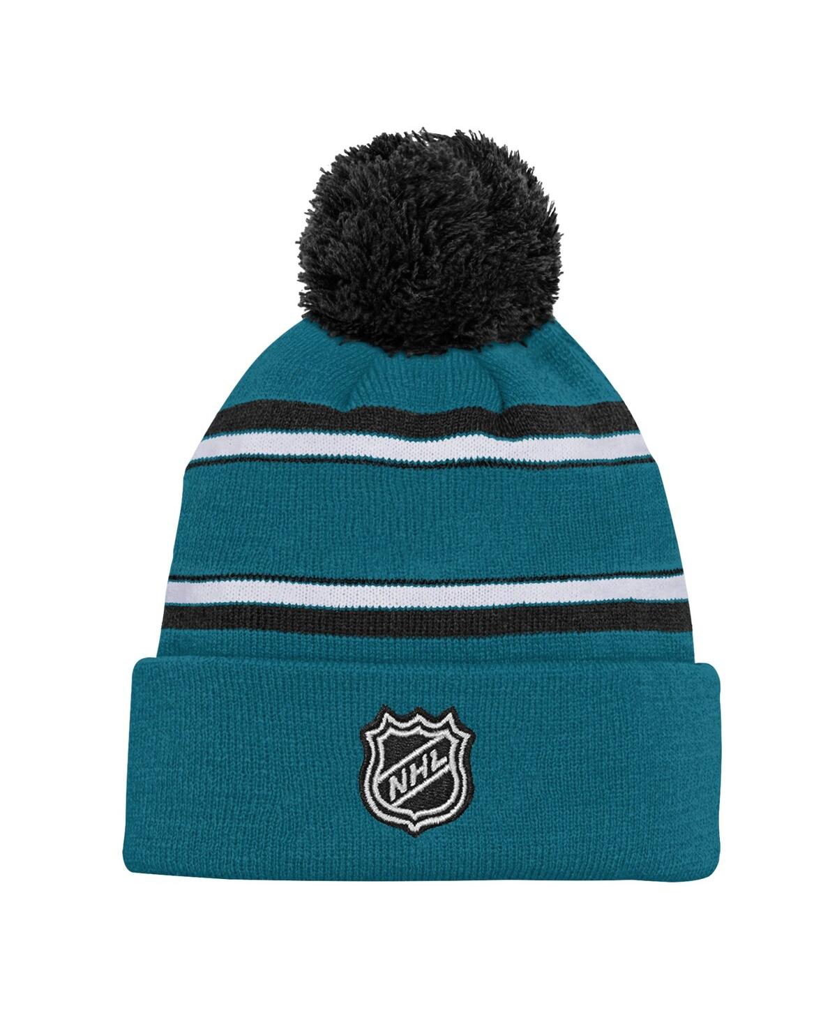 Outerstuff Big Boys And Girls San Jose Sharks Teal Jacquard Cuffed Knit With Pom Hat In Multi