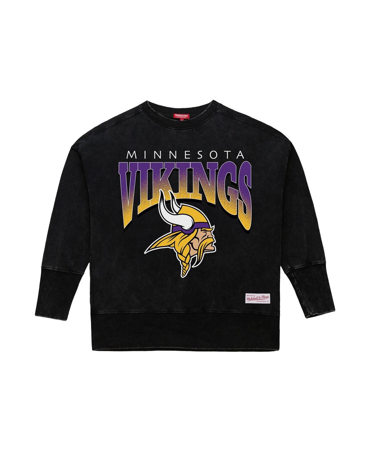 Mitchell & Ness Women's Black Minnesota Vikings Delineate Mineral Wash Crewneck Sweatshirt In Black
