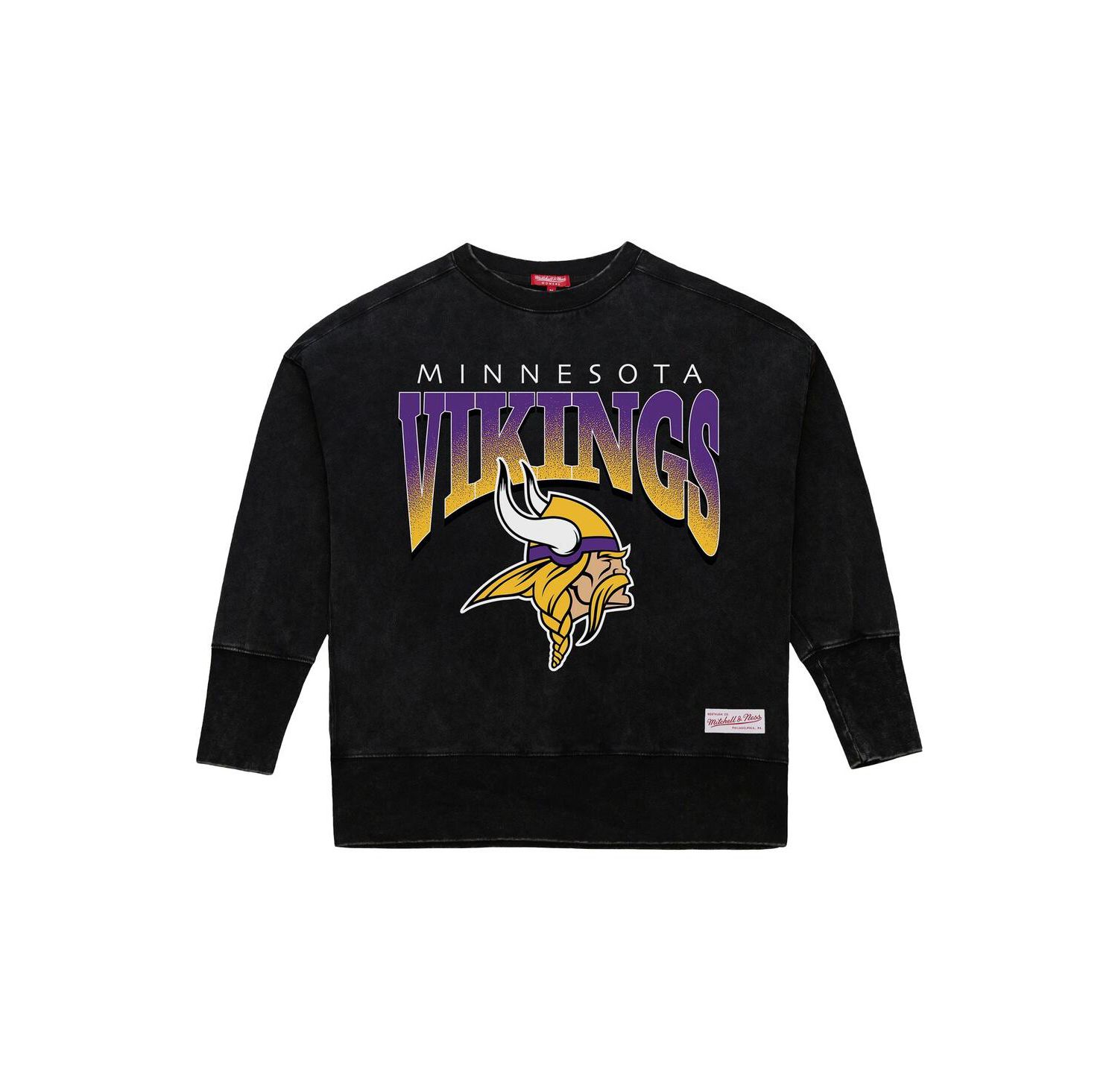 Women's Black Minnesota Vikings Delineate Mineral Wash Crewneck Sweatshirt