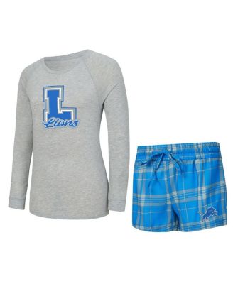 Concepts Sport - Women's 2-Piece Heather Gray/Blue Detroit Lions Regulate Plaid Long-Sleeve T-Shirt Shorts Sleep Set