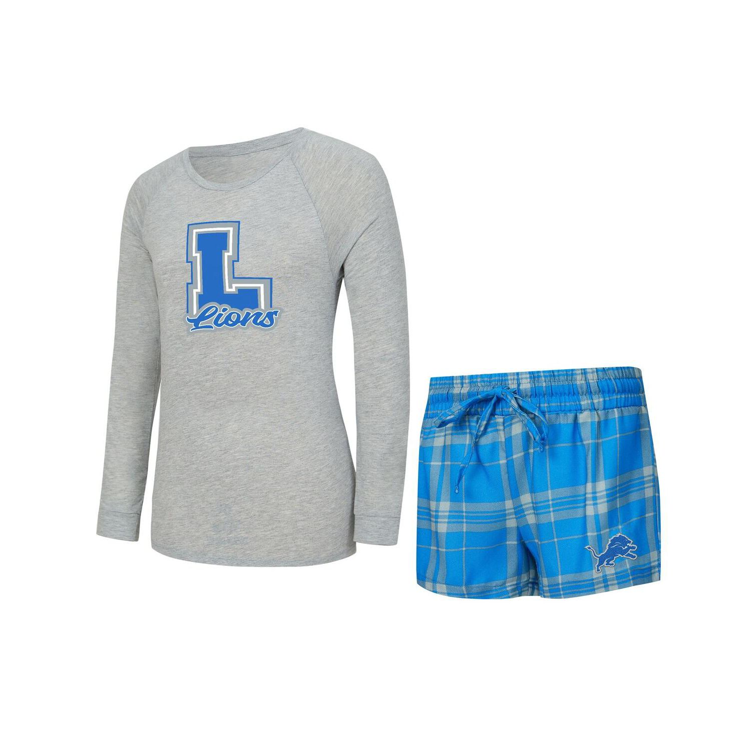 Women's 2-Piece Heather Gray/Blue Detroit Lions Regulate Plaid Long-Sleeve T-Shirt Shorts Sleep Set