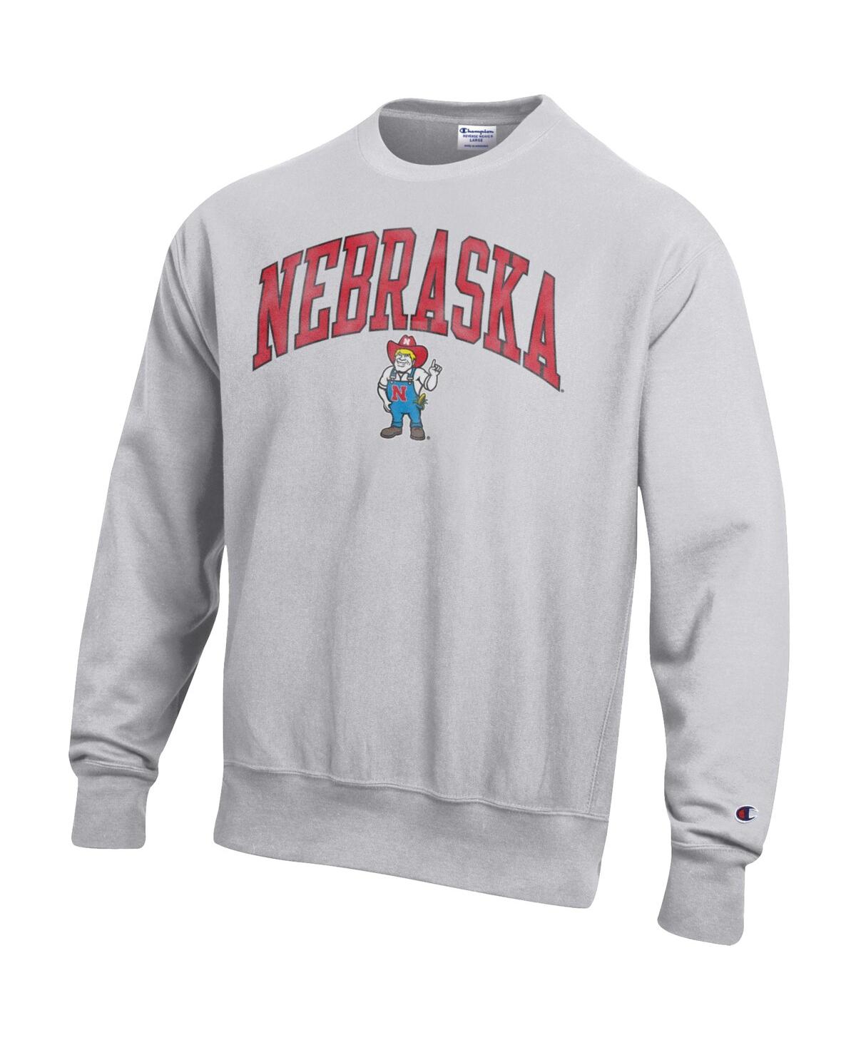 Champion Men's Gray Nebraska Huskers Distressed Arch Over Logo Reverse Weave Crew Neck Sweatshirt