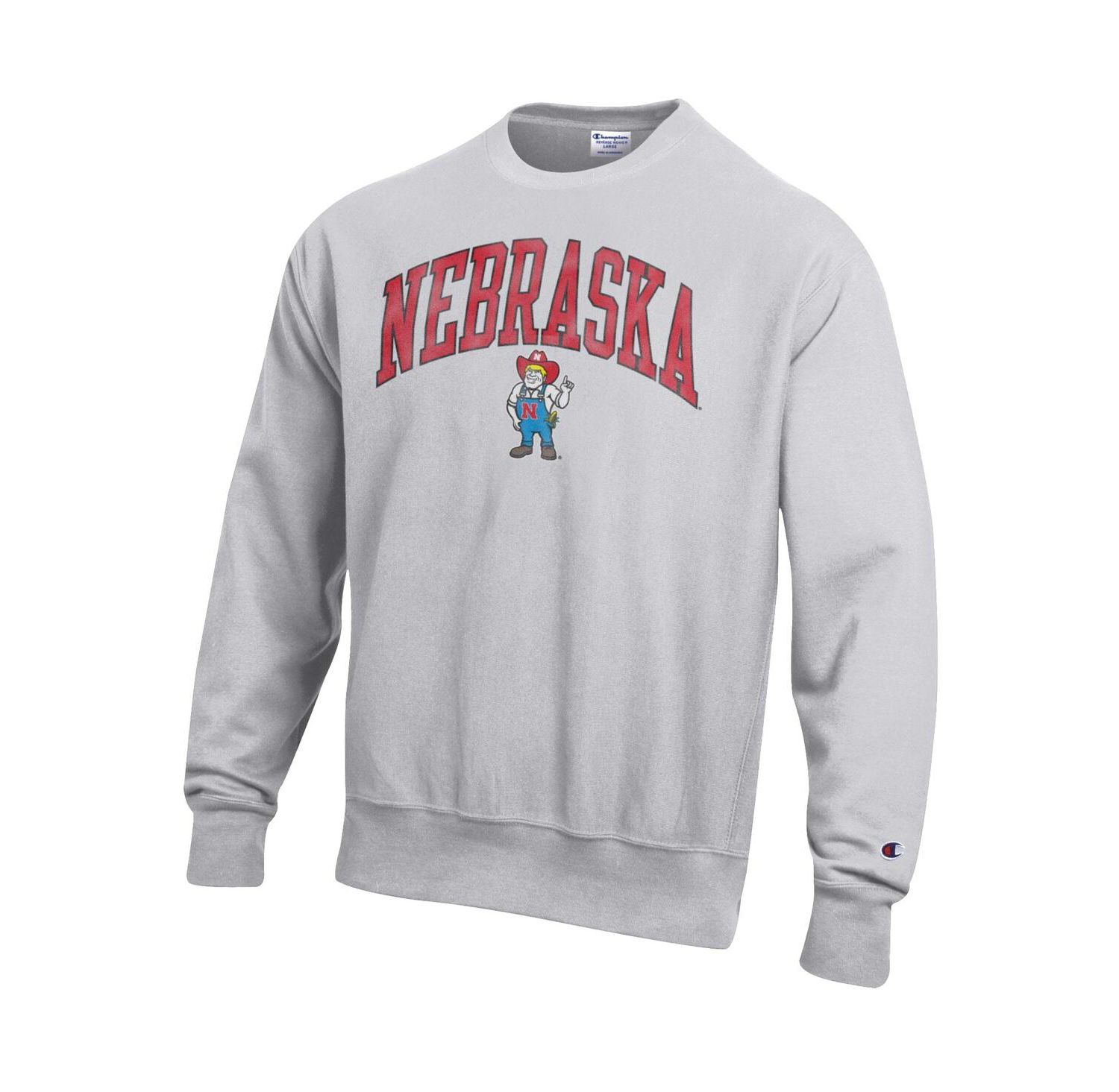 Men's Gray Nebraska Huskers Distressed Arch Over Logo Reverse Weave Crew Neck Sweatshirt