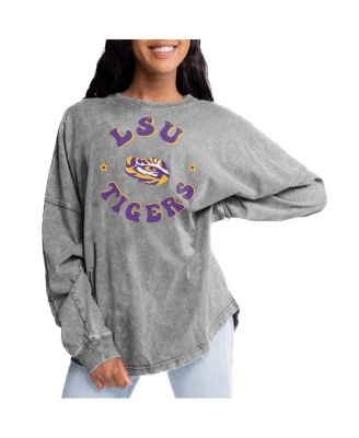 Gameday Couture - Women's Gray LSU Tigers Playing Around Faded Wash Oversized Long Sleeve T-Shirt