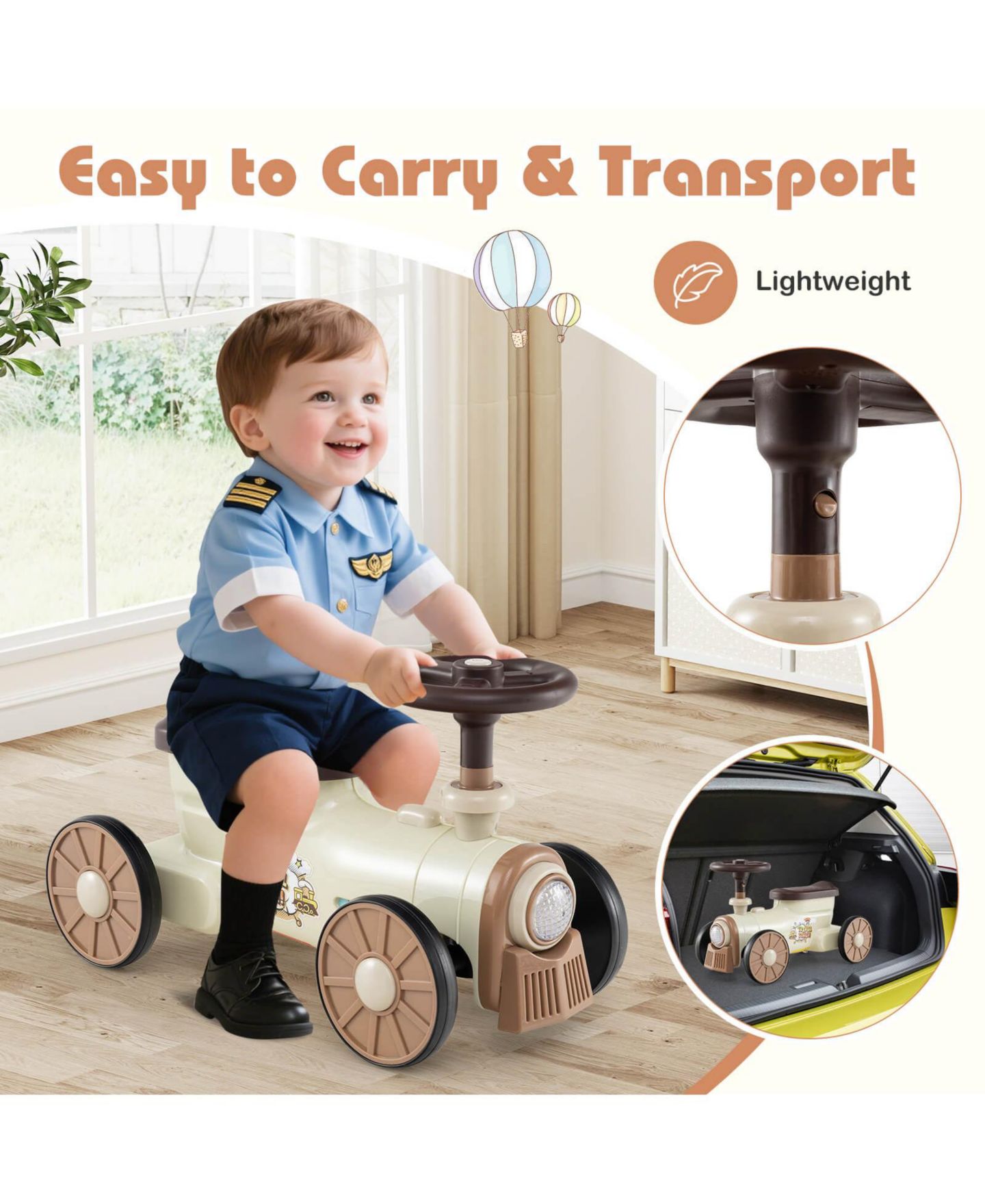 Детская игрушка Costway Ride-On Push Car with Storage Compartment, 33 lbs, Ages 19-36 Months, цвет: Коричневый — фото 4