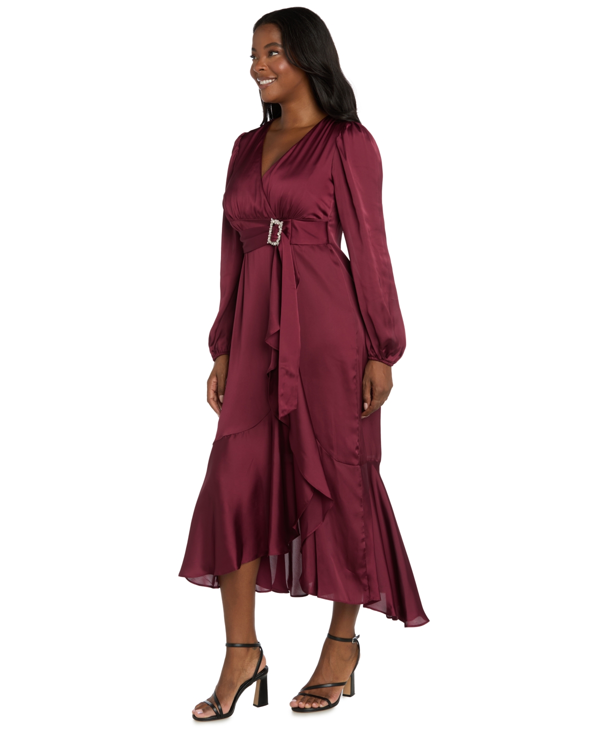 R & M Richards Women's Long-sleeve Faux Wrap Dress In Burgundy