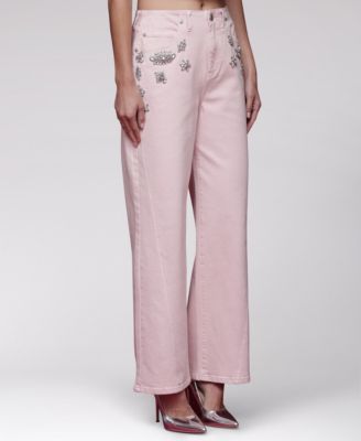 Women's Rhinestone-Trim Hollywood-Waist Wide-Leg Jeans