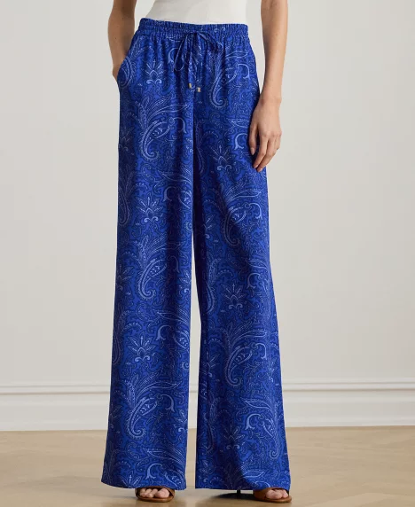 Petite Paisley Crepe Wide-Leg Pants - Blue Multi