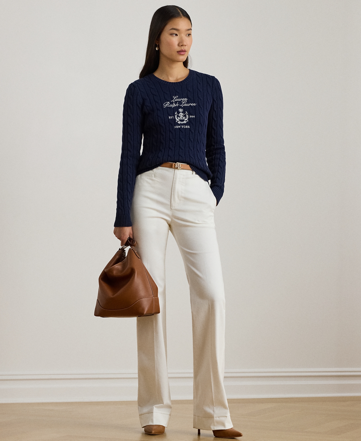 Ralph Lauren Petite Embroidered-crest Crewneck Sweater In Blue