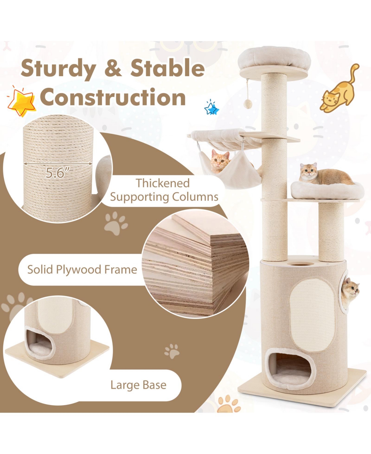 Skonyon 74 Inches Tall Wooden Cat Tower Tree with 2-Story Cat Condo and Washable Cushions