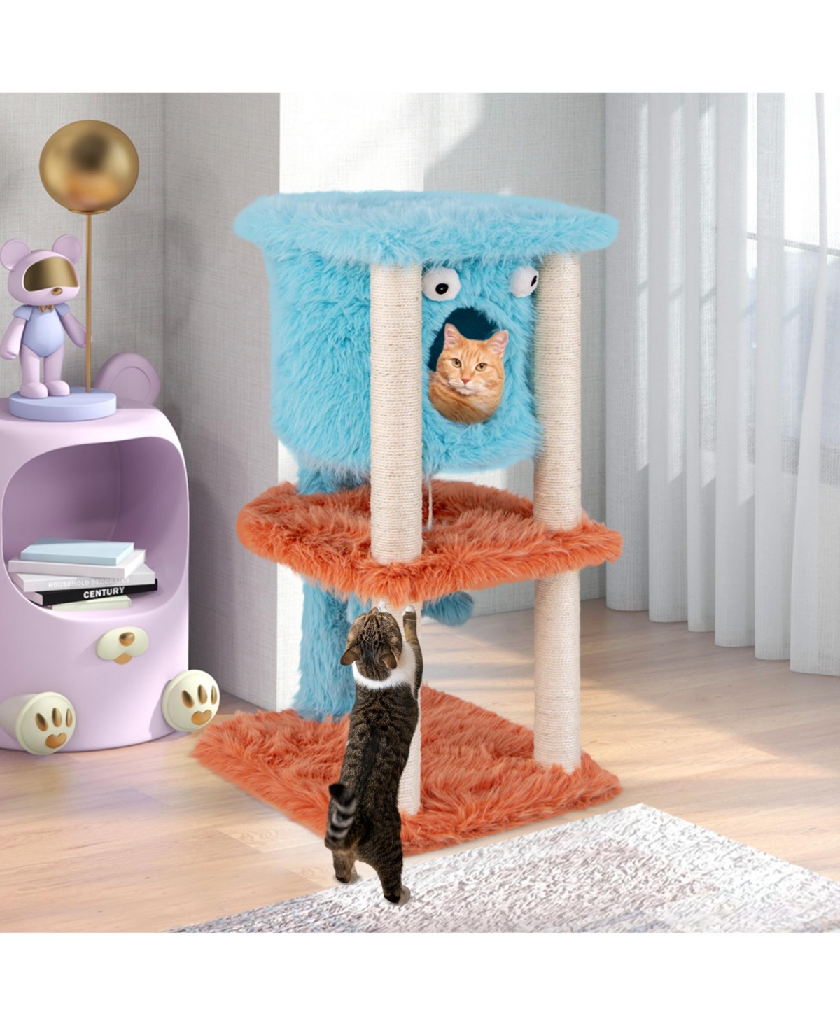 Skonyon Cute Monster-Themed Cat Tower with Private Condo and Soft Long Plush