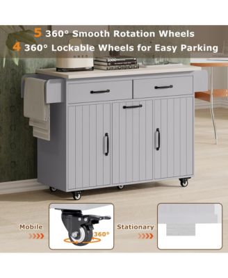 CASAINC Wood Rolling Drop Leaf with Trash Can Storage, Spice Rack, Towel Rack, Drawer & Adjustable Shelf Kitchen Island Cart