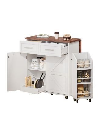CASAINC 47.2" MDF Drop Leaf, Side Racks, Drawers, Towel Rack & Wheels Farmhouse Kitchen Island
