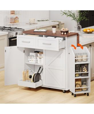 CASAINC 47.2" MDF Drop Leaf, Side Racks, Drawers, Towel Rack & Wheels Farmhouse Kitchen Island