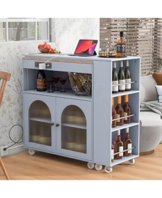 CASAINC Extendable 73.5” Tabletop MDF, Rubber Wood LED Lights, Power Outlets, Fluted Glass, Storage Shelves Rolling Kitchen Island