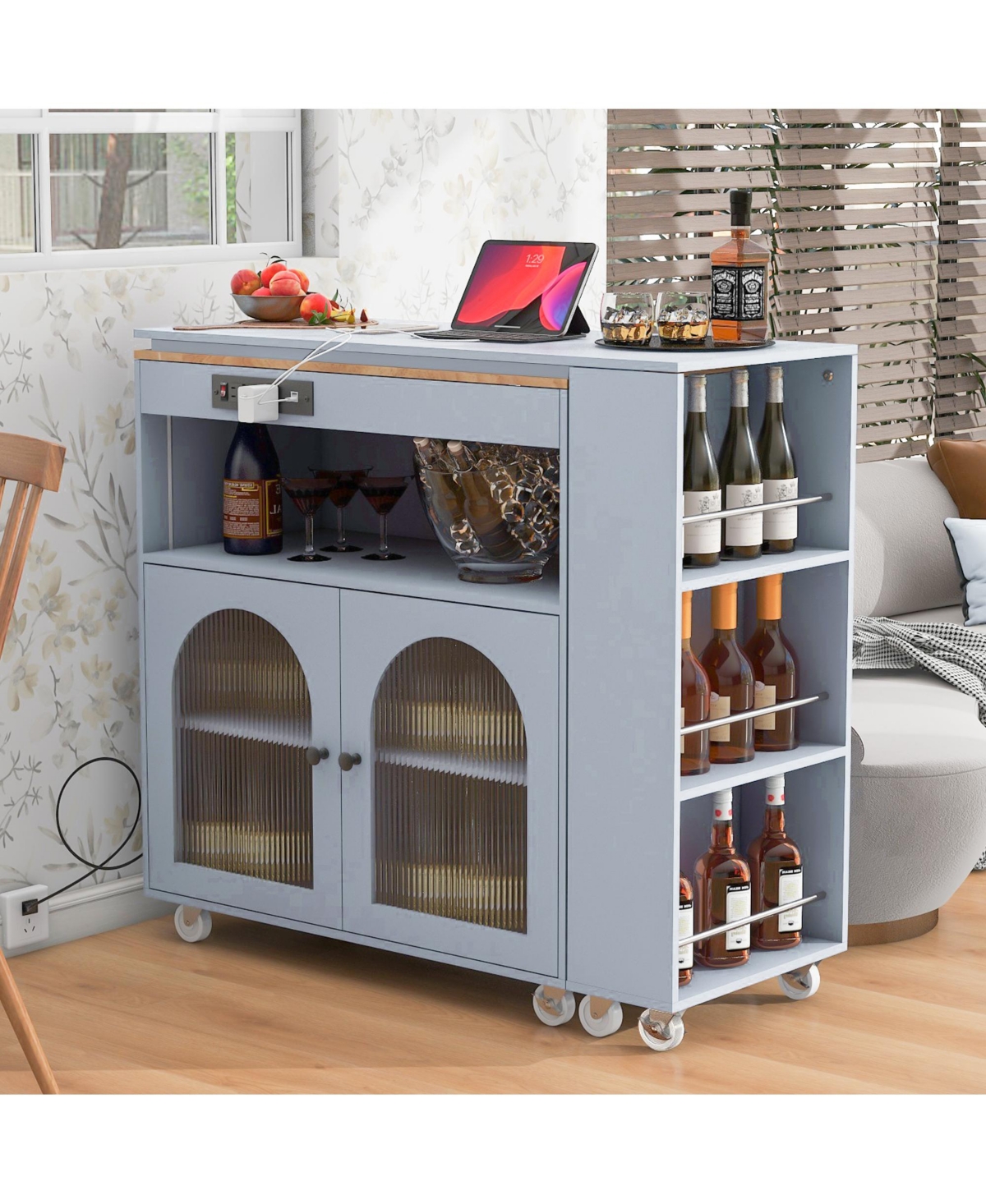 Casainc Rolling Kitchen Island with Extended Table, Led Lights, Power Outlets, 2 Fluted Glass Doors, Storage Compartment and 3 Open Side Shelves