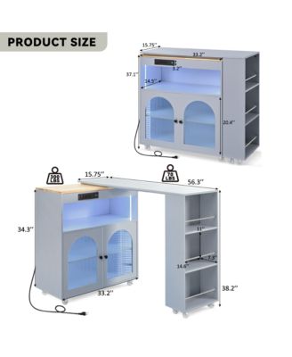CASAINC Extendable 73.5” Tabletop MDF, Rubber Wood LED Lights, Power Outlets, Fluted Glass, Storage Shelves Rolling Kitchen Island