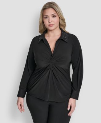 DKNY - Plus Size Knot-Front Long-Sleeve Blouse