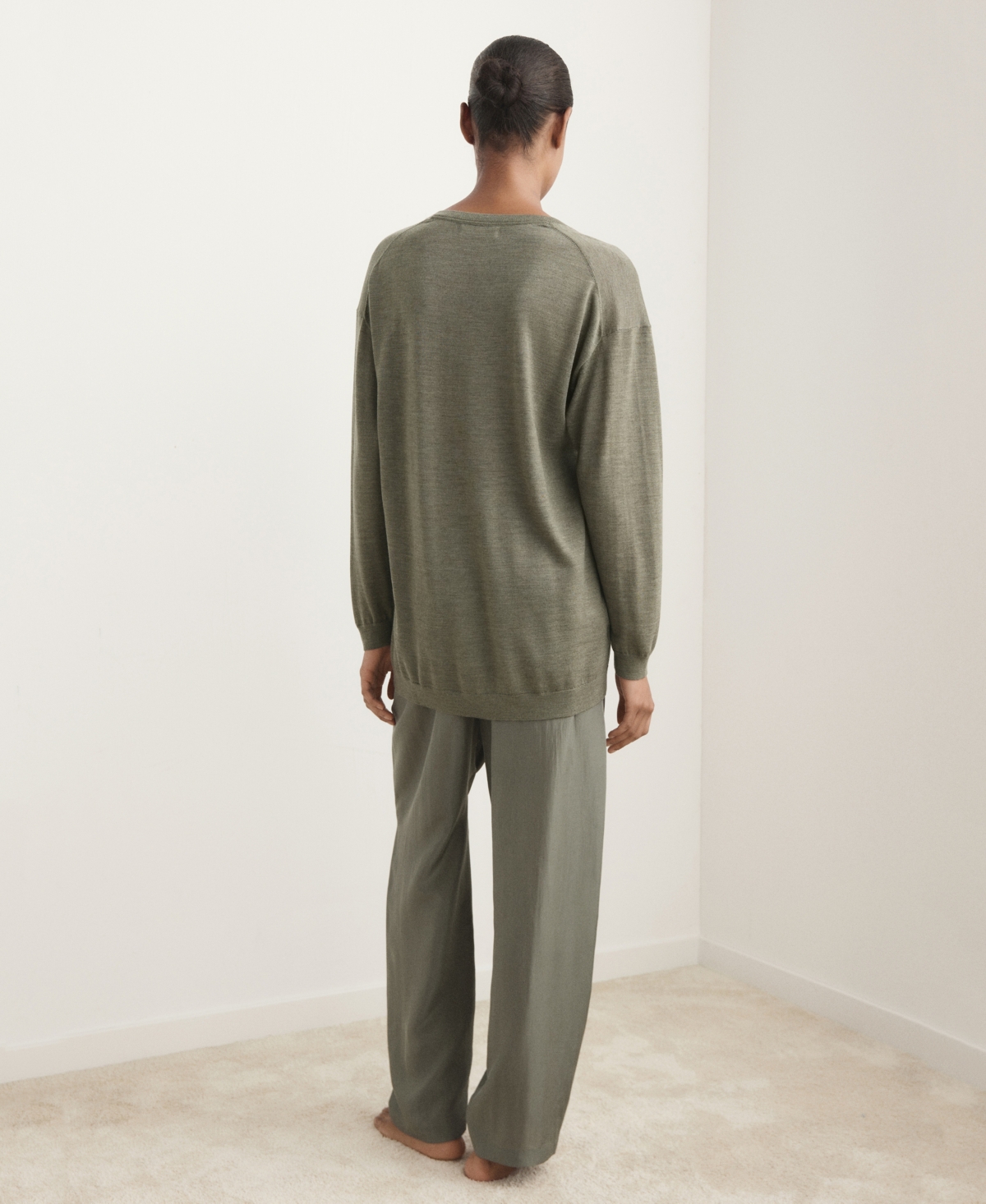 Mango V-neck Wool Pajama Sweater In Green
